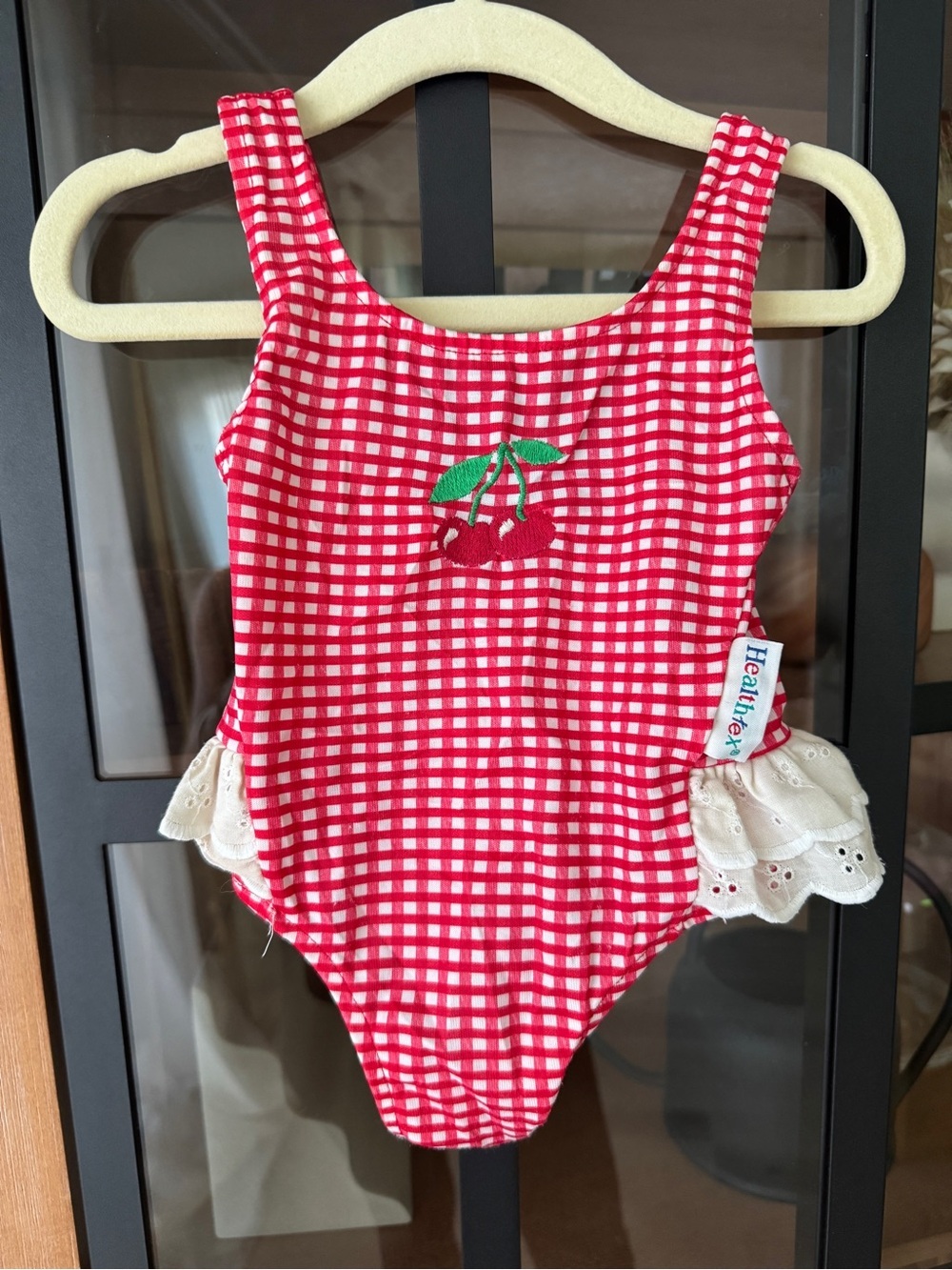 Vintage cherry gingham one piece swimsuit baby girl ruffle eyelet embroidered